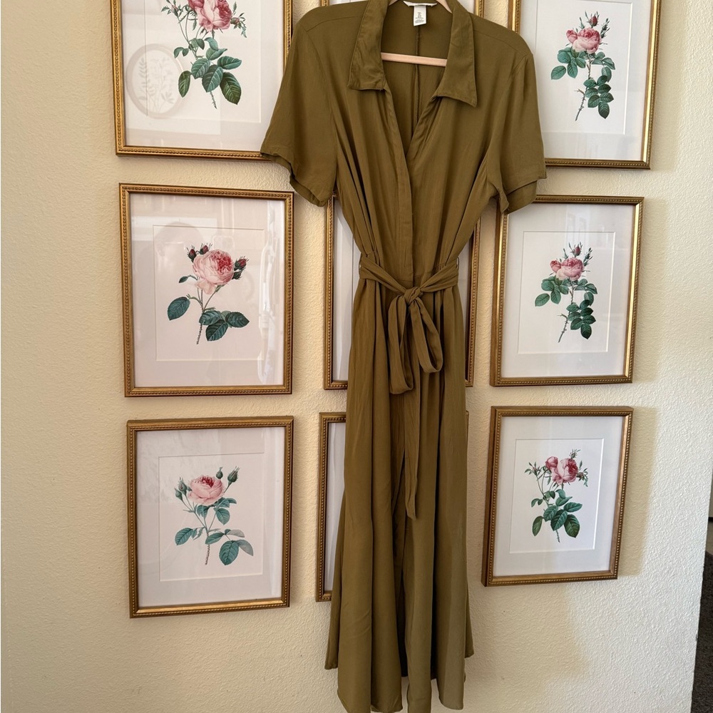 H&M Olive Green Women's Collared V-Neck Shirt Dress